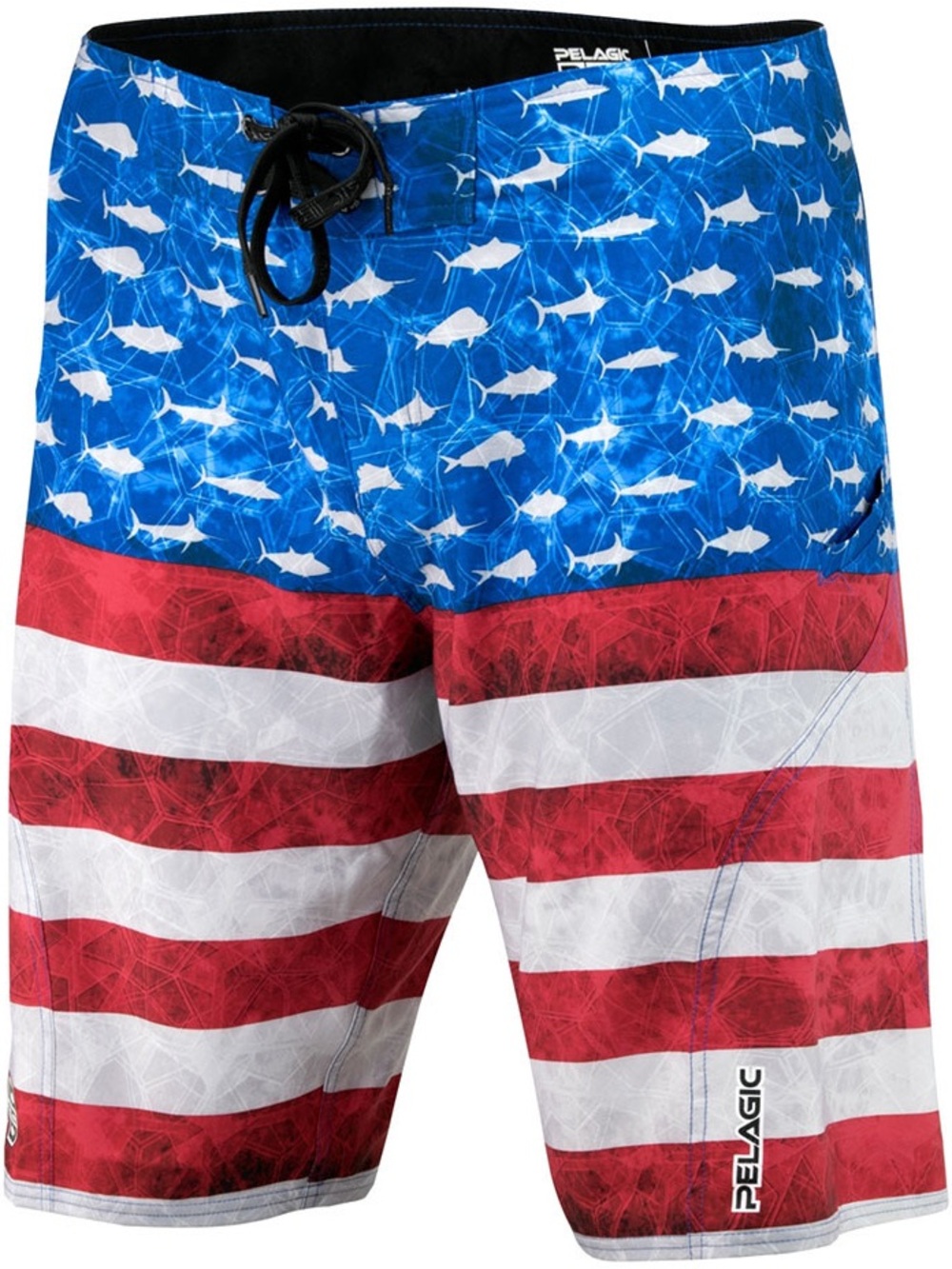 Pelagic Men's Patriotic Fish & Stripe Swim Board Shorts - Blue/Red/White